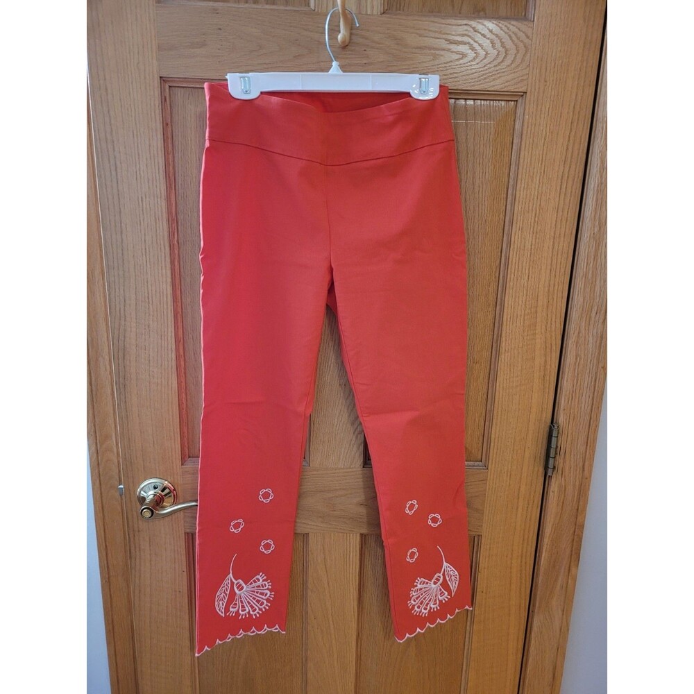 Attyre New York Coral Embroidered Ankle Pants Womens Size 6 Scalloped Hem Pullon